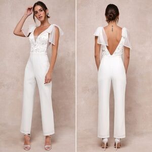 NWOT | Lulus | Dignified Beauty White Mesh Embroidered Tie-Strap Jumpsuit | XS